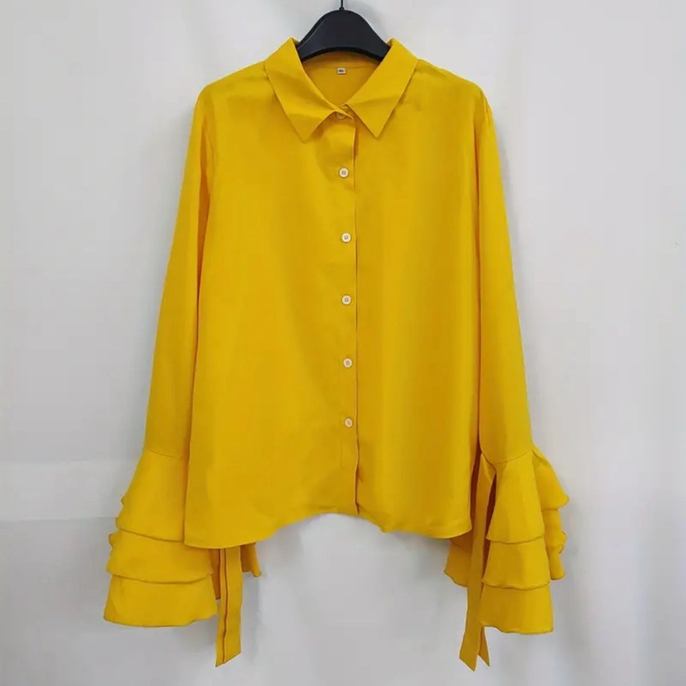 Yellow Ruffle Bow Cuff Statement Blouse Plus Size 0XL 12 - Picture 4 of 6